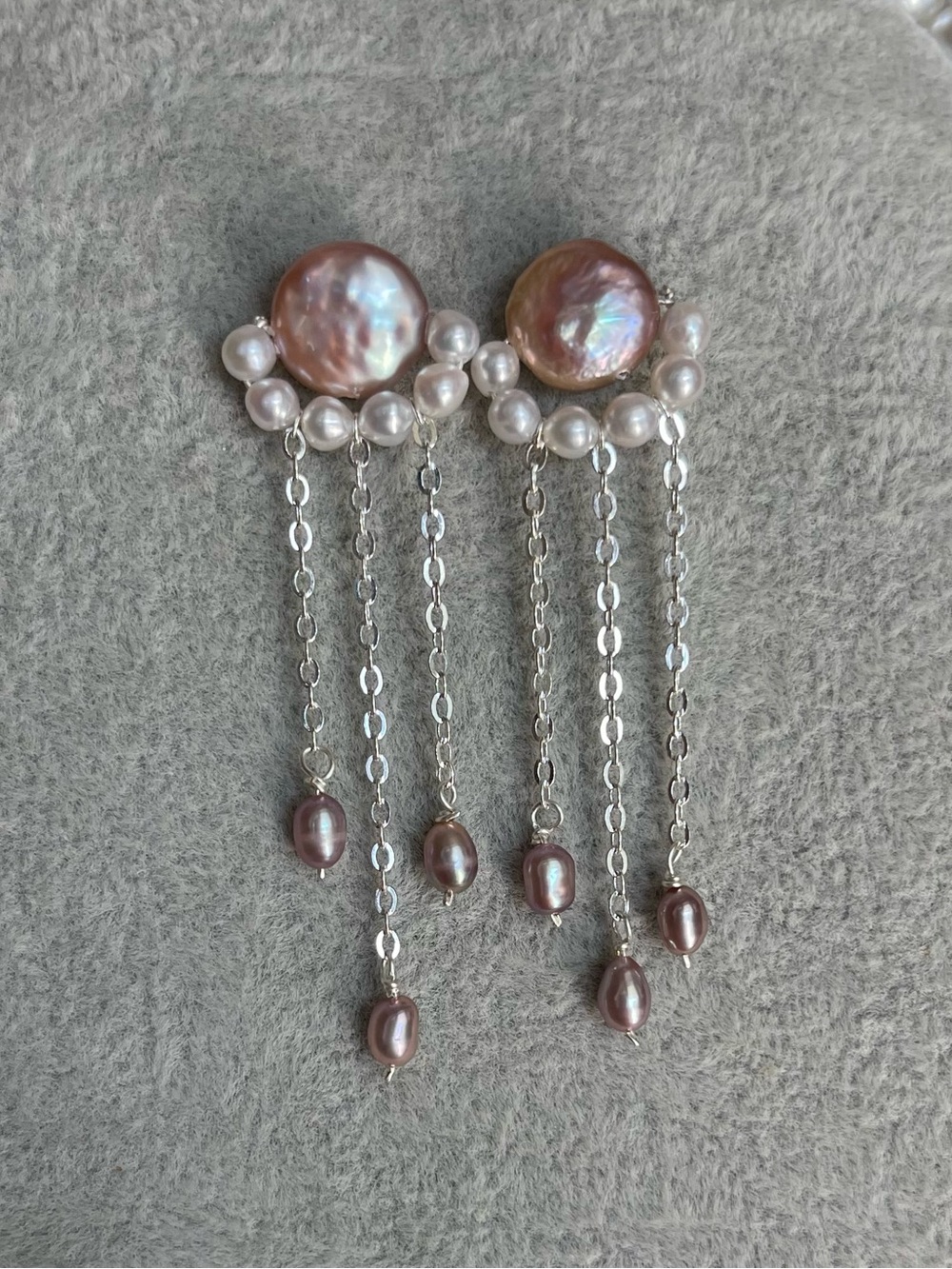 Pink Freshwater Pearl Drop Fringe Earrings -925 silver posts